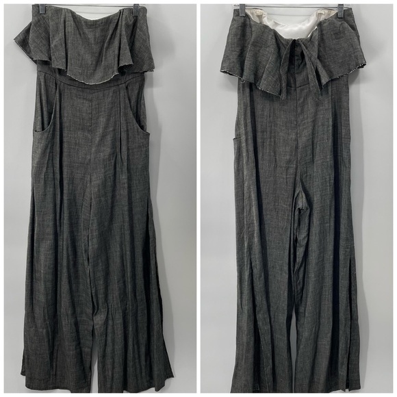 MILLY Black Denim Chambray Ruffle Popover Strapless Open Leg Pant Jumpsuit 6 - Picture 2 of 13